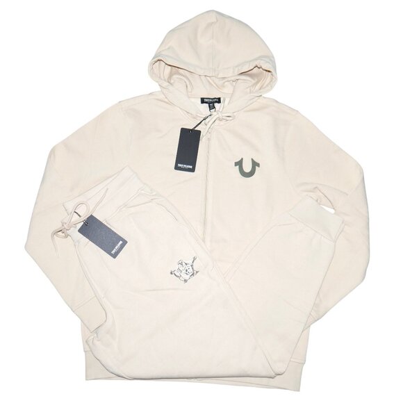 True Religion Men's Fleece Sweatsuit 2 PC Tracksuit Ivory Hoodie Joggers Size M - Picture 10 of 11